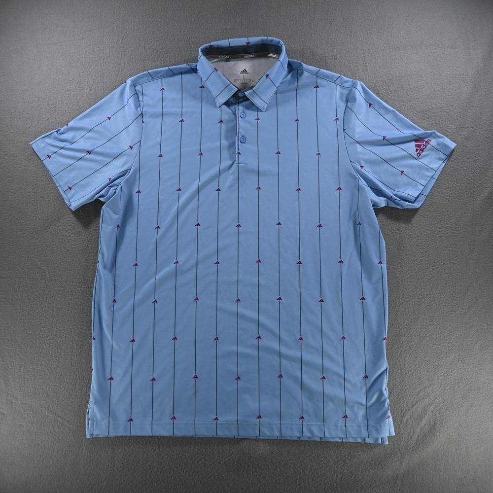 Adidas Mens Performance Golf Polo Shirt L Blue Pinstripe Logo Short Sleeve - Picture 1 of 7